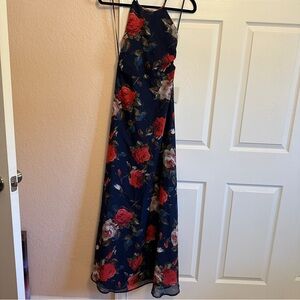 Lulu's Red and Blue Floral Halter Maxi Tie Back Dress